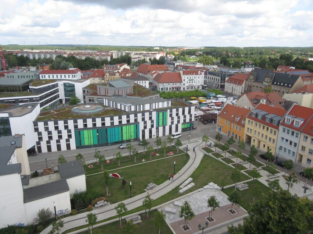 Luftaufnahme Paul-Wunderlich-Haus Eberswalde – nachhaltiger DGNB-Neubau im Stadtzentrum
